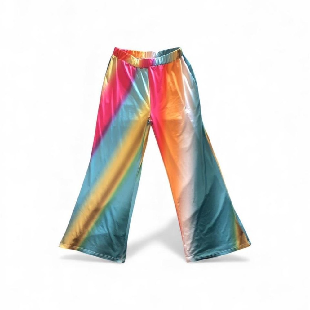 Tie dye, high-waisted, wide-leg, stretchy, polyester trousers